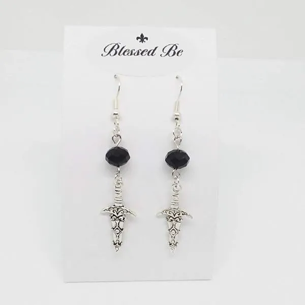 Gothic Halloween Pagan Wicca Wiccan Witch Athame Charm with Silver Plated Metal Ear Hook Dangle Earrings