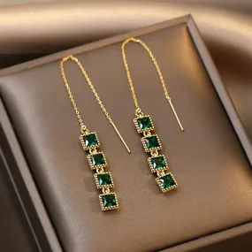 GR348 Long Drop Earrings: Geometric Square Charm Jewelry