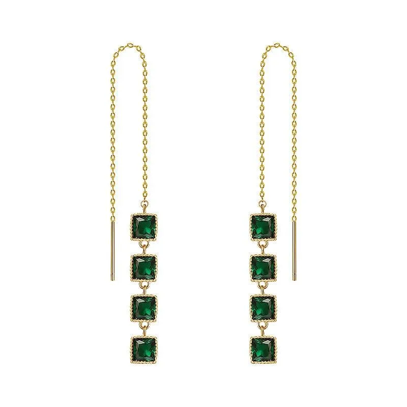 GR348 Long Drop Earrings: Geometric Square Charm Jewelry