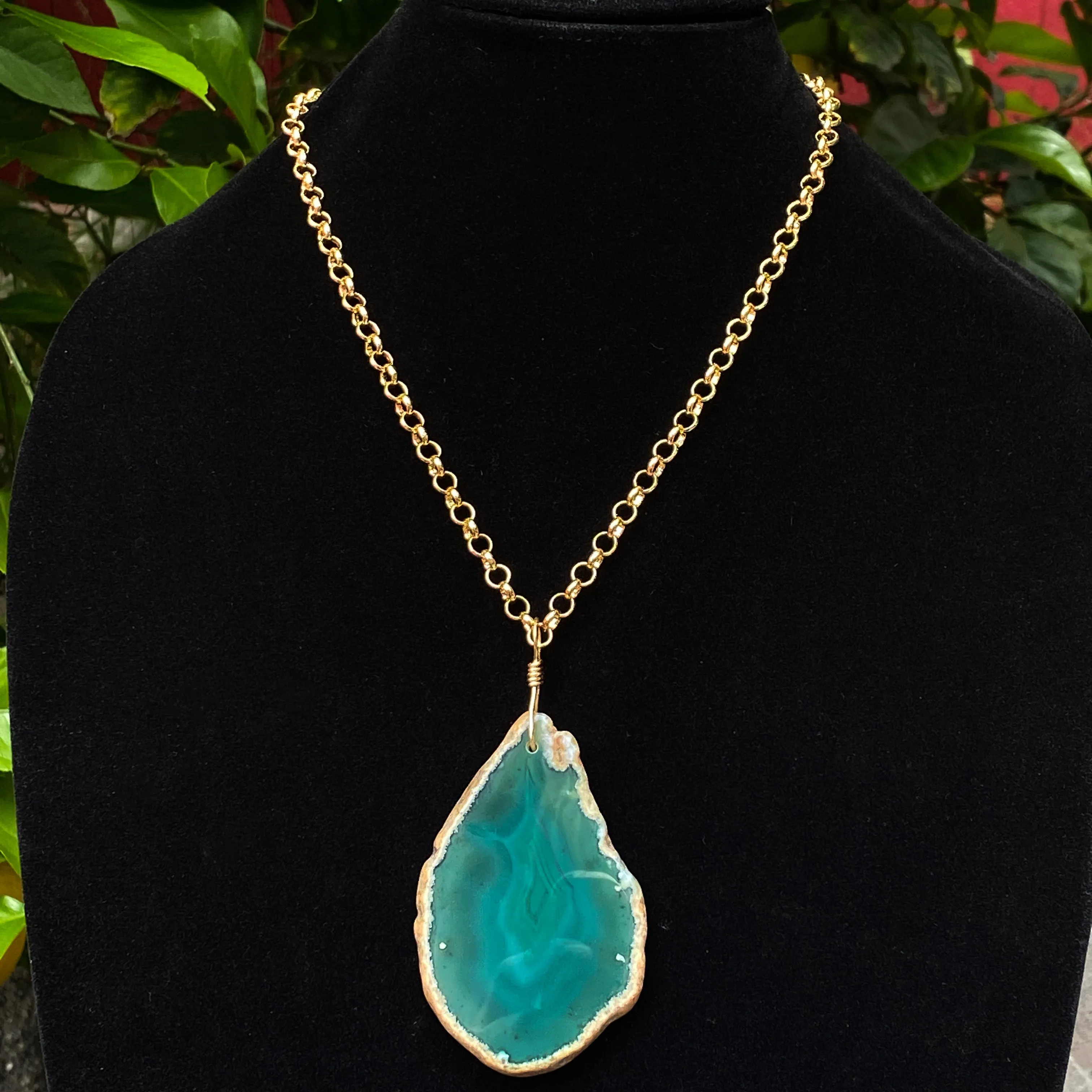 Beautiful Green Agate Gemstone Slice Chain Necklace