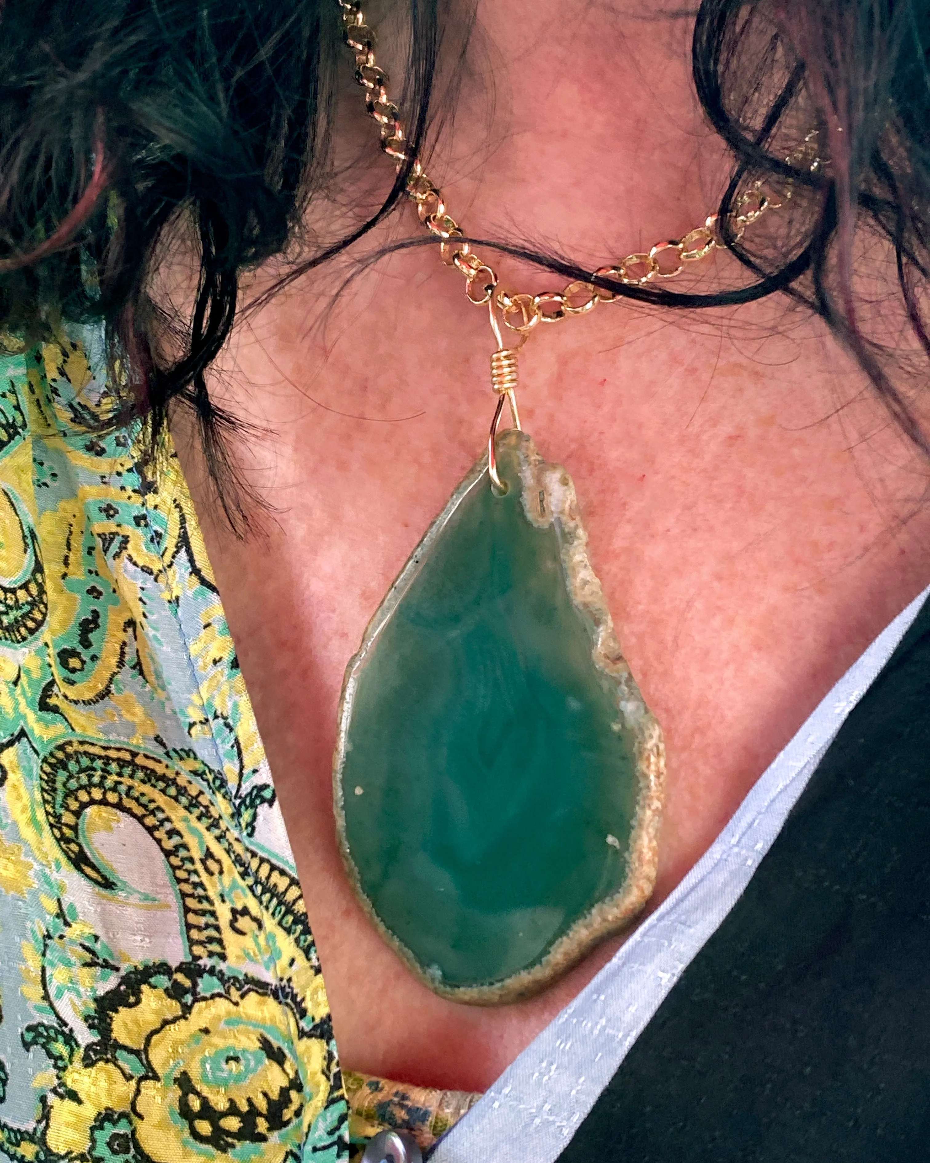 Beautiful Green Agate Gemstone Slice Chain Necklace