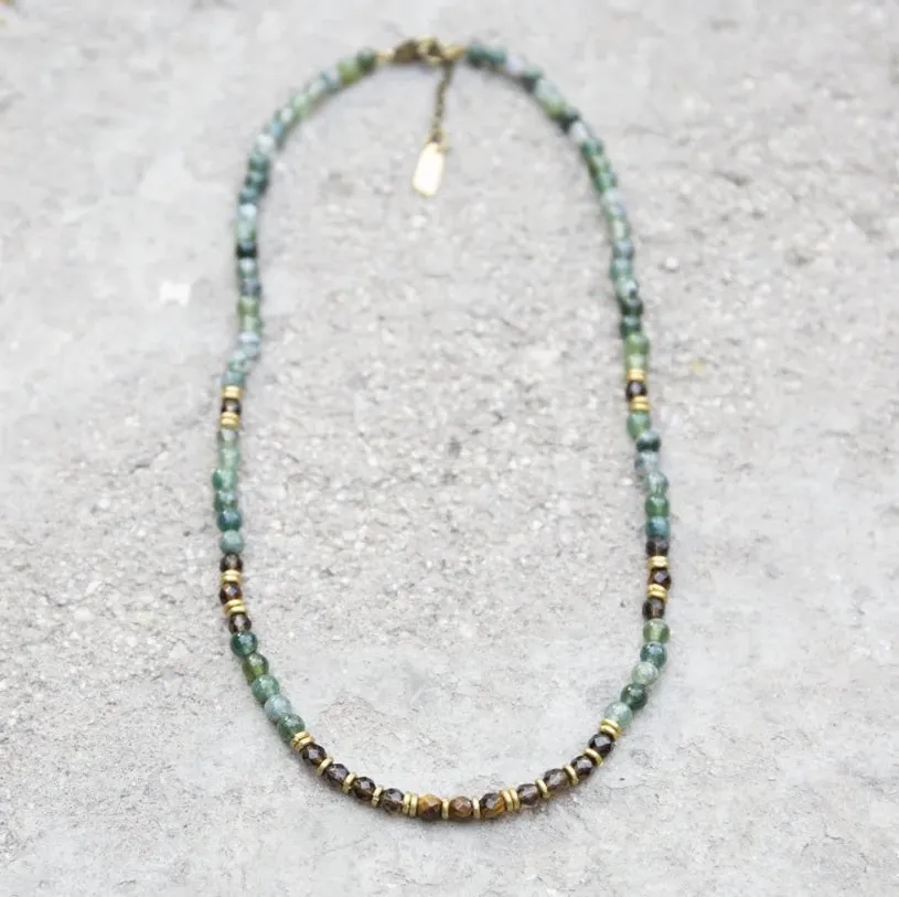 Green Moss Agate, Tiger Eye, Smoky Quartz Necklace - Abundance and Prosperity