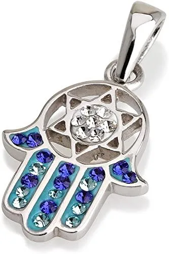 Hamsa Pendant in Sterling Silver With Blue Crystals Gemstones   Necklace