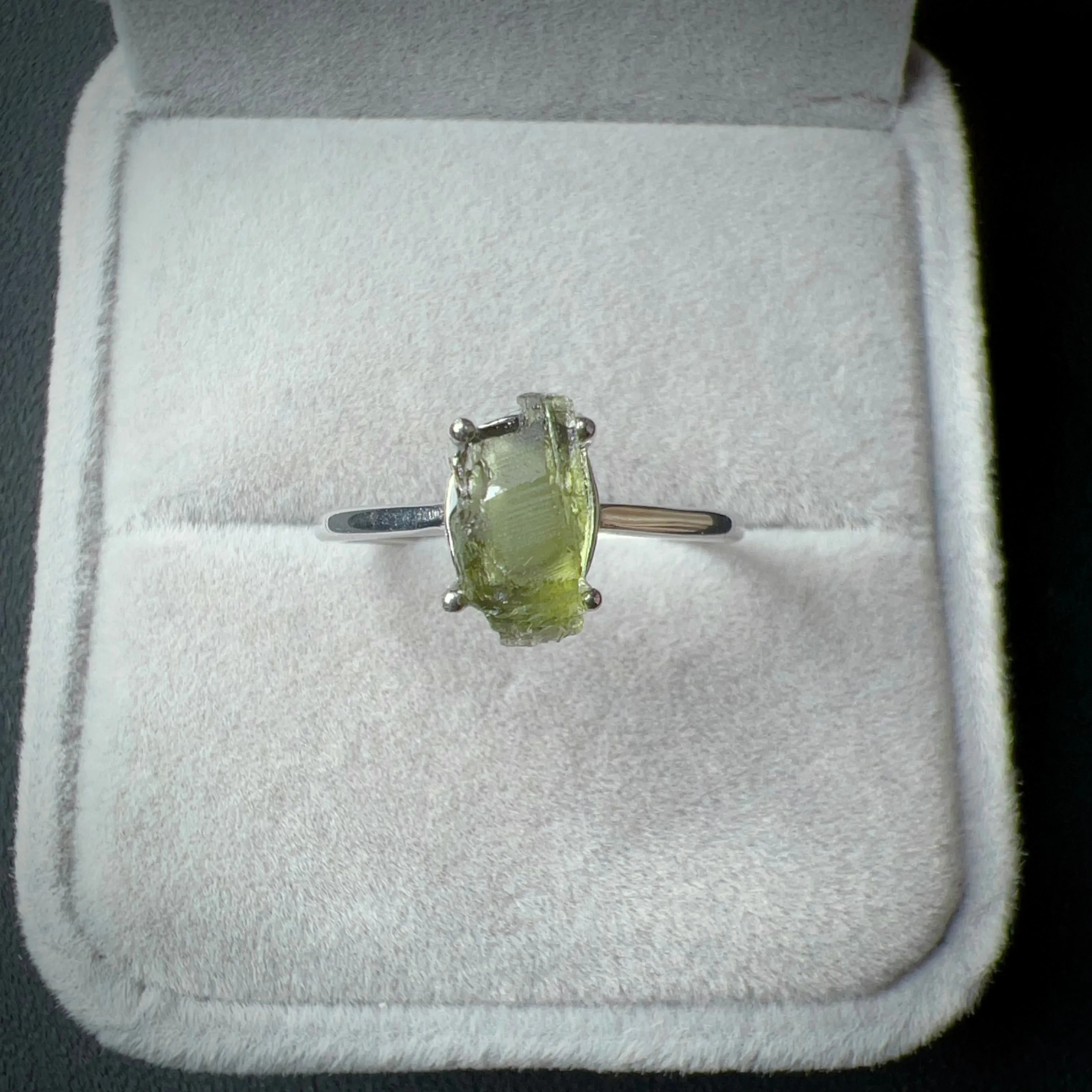 Handmade Natural Moldavite Raw Stone Ring 925 Sterling Silver Prongs | Rare High-frequency Healing Stone