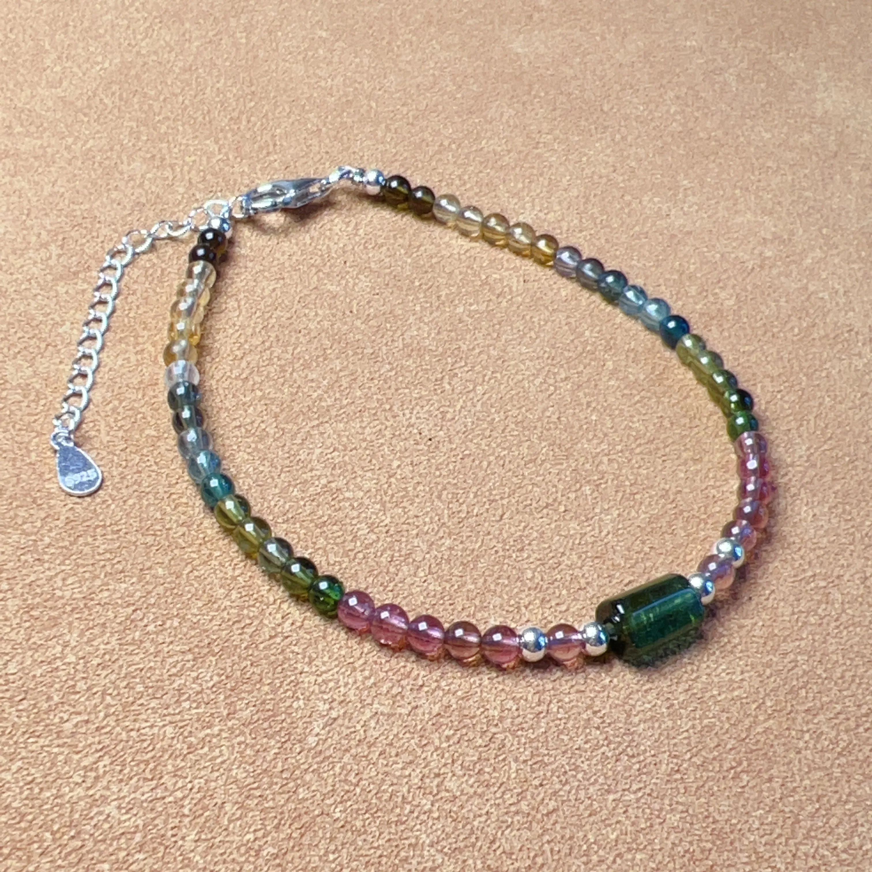 Handmade Rainbow Tourmaline Bracelet Green Tourmaline | 925 Sterling Silver Silver Adjustable Style