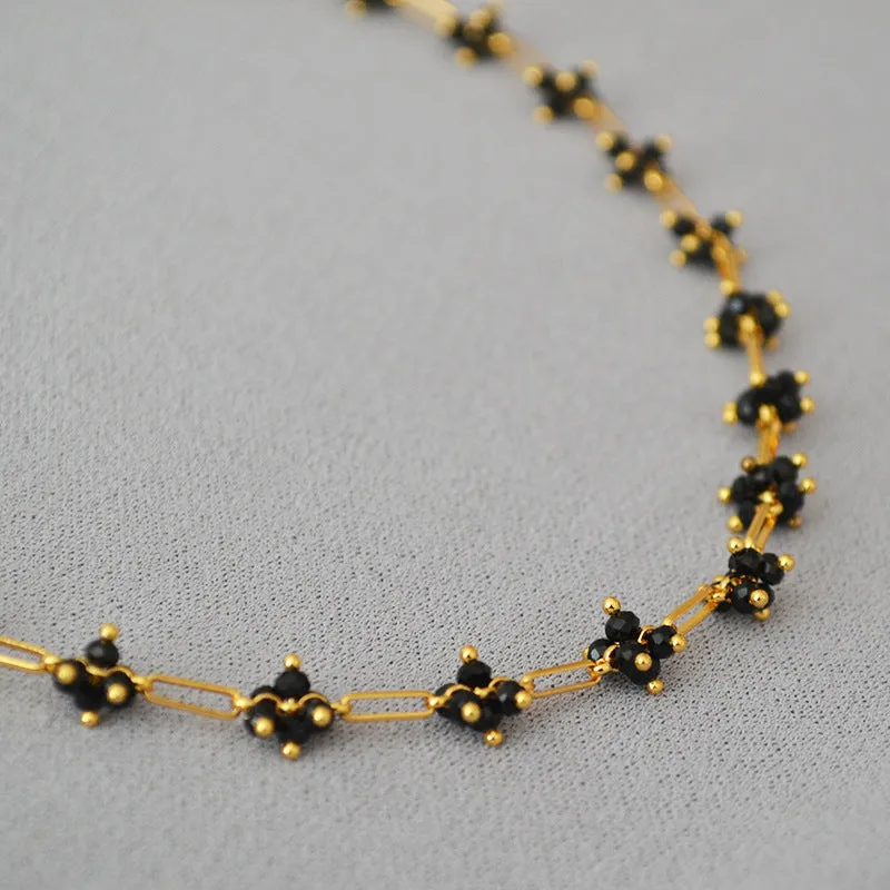 Handwoven Shimmering Black Crystal Flower Choker Necklace