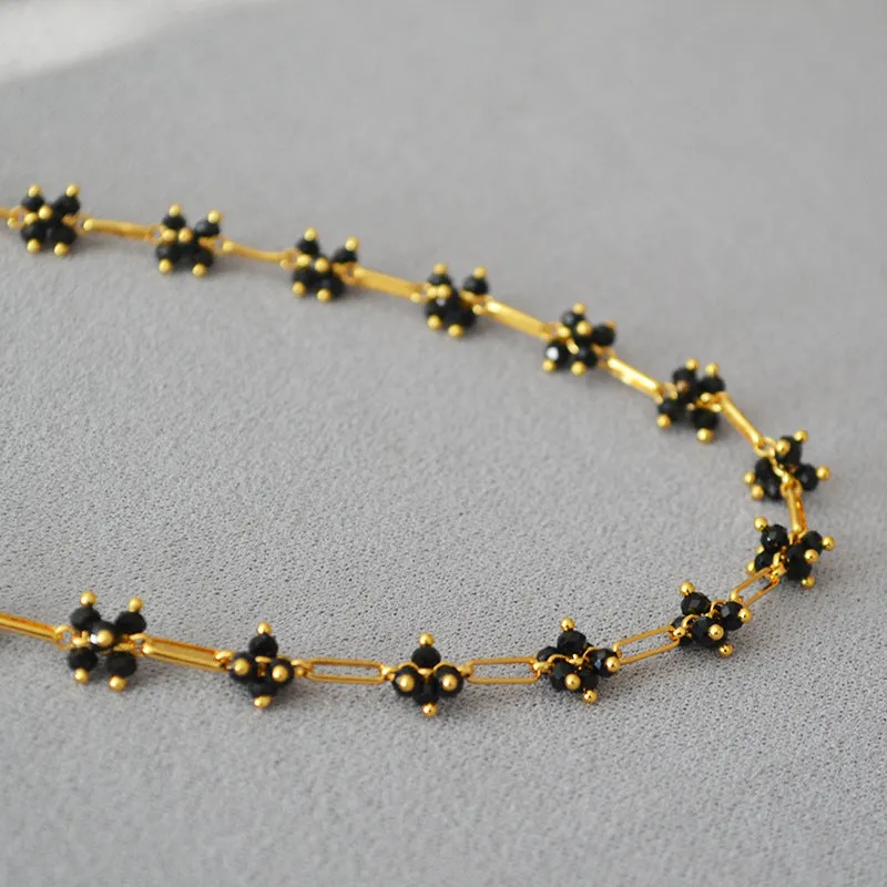 Handwoven Shimmering Black Crystal Flower Choker Necklace