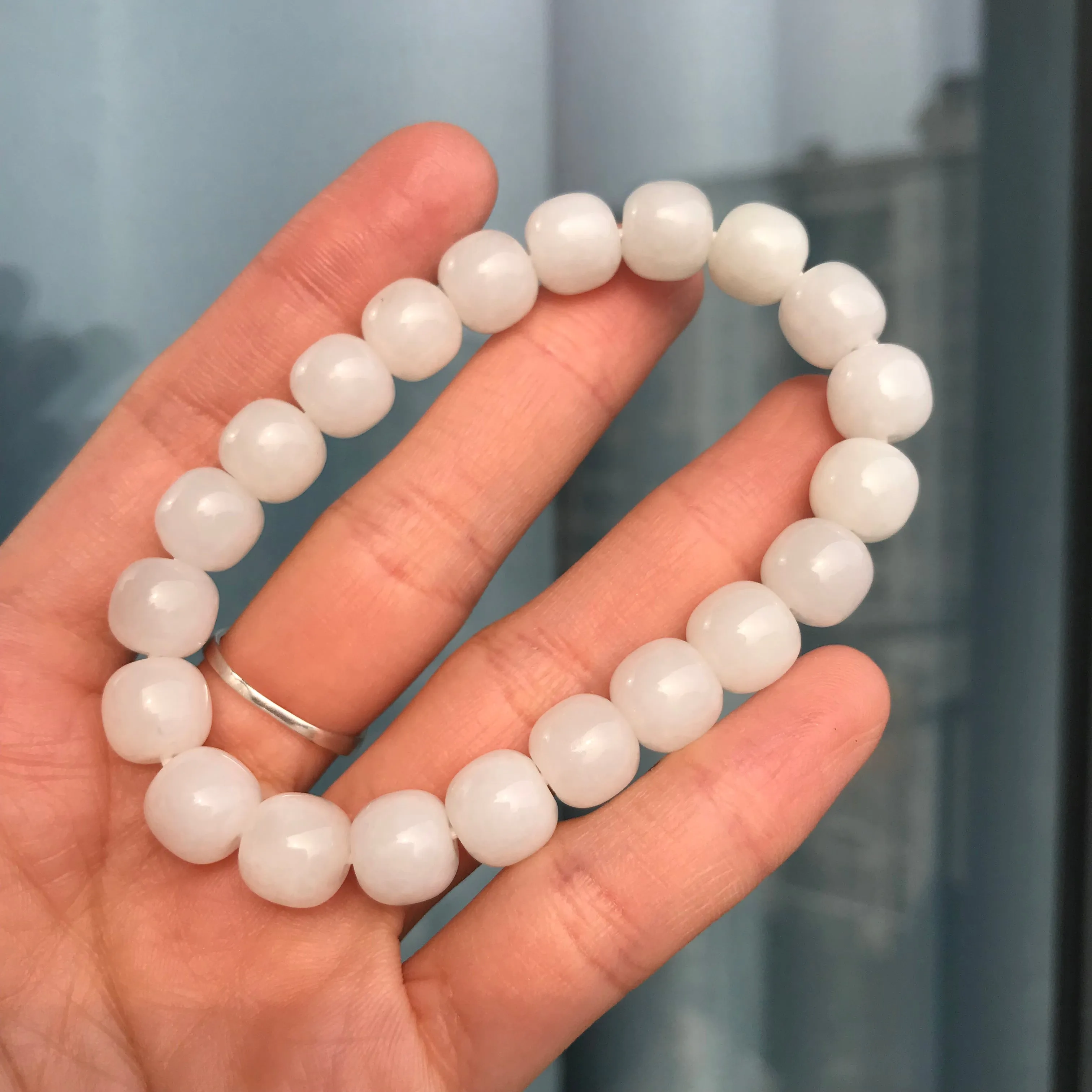 Hetian White Jade Healing Stone Elastic Bracelet | Natural Jade Stone Jewelry Handmade by Karen