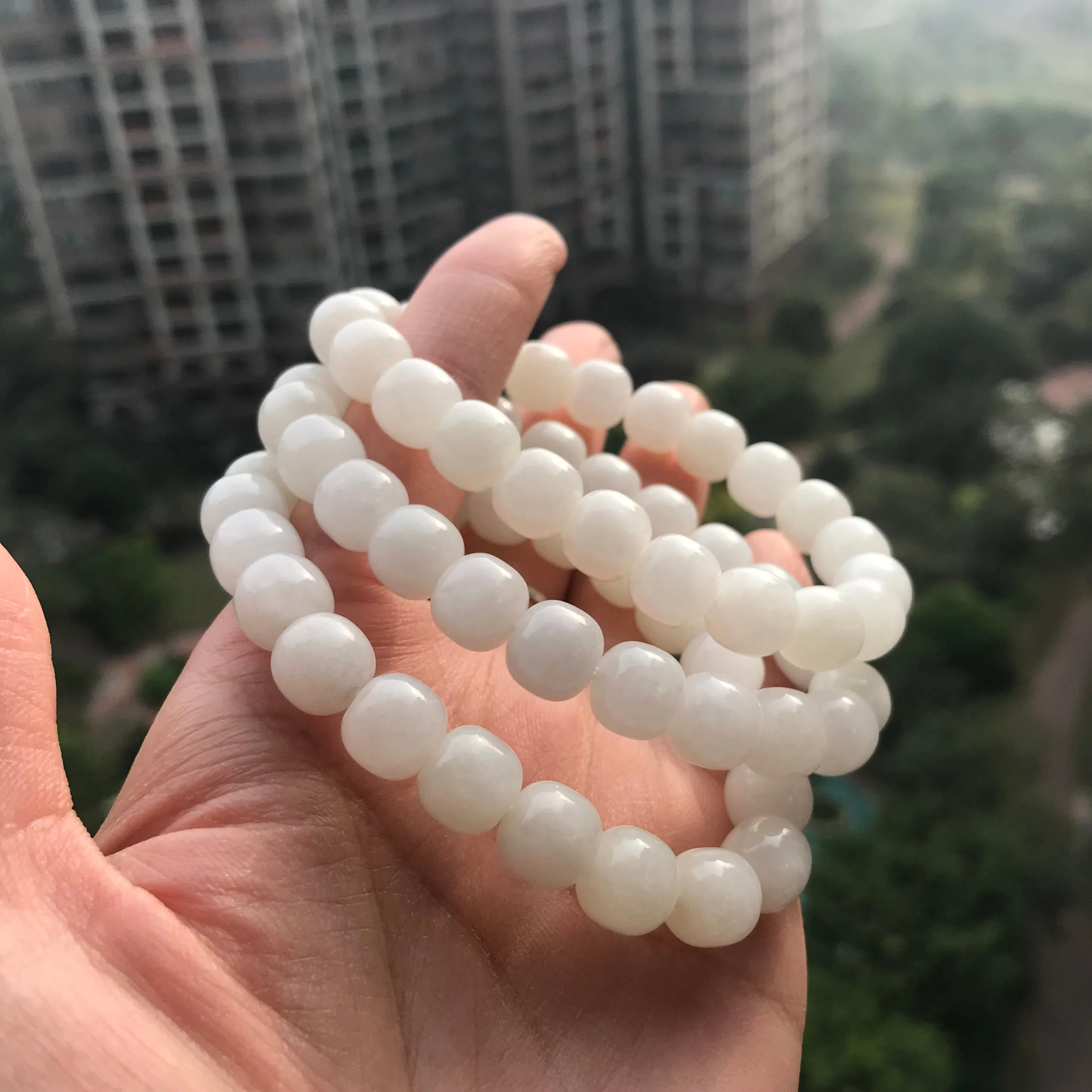 Hetian White Jade Healing Stone Elastic Bracelet | Natural Jade Stone Jewelry Handmade by Karen