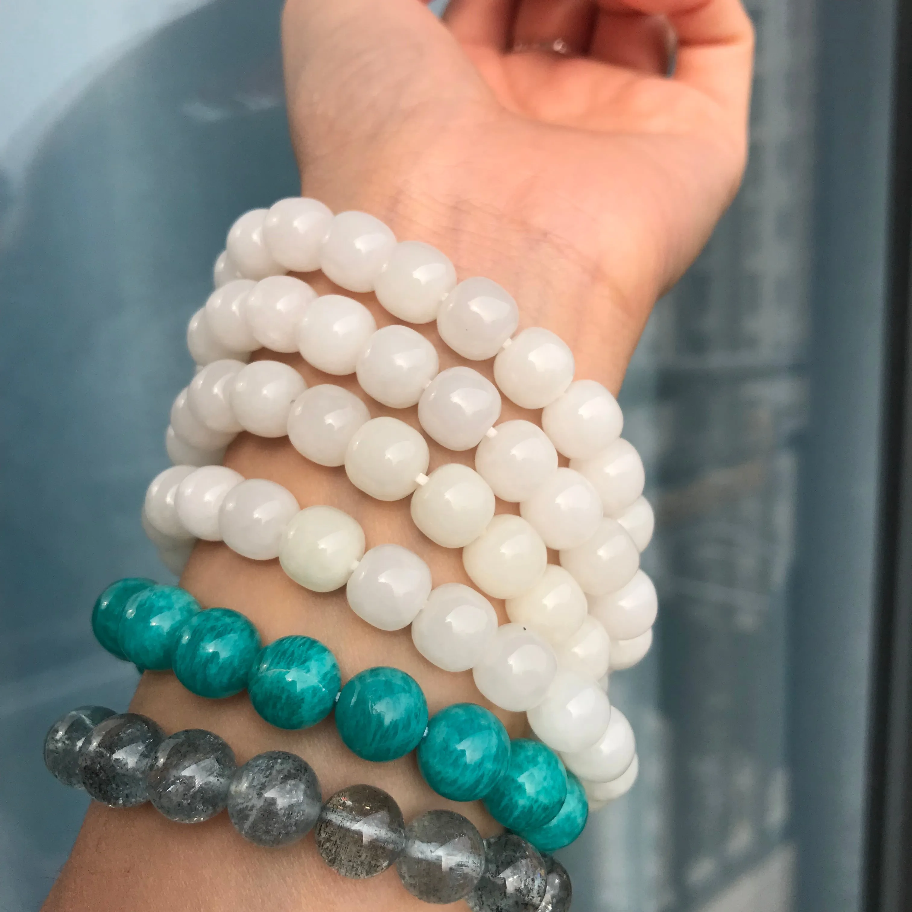 Hetian White Jade Healing Stone Elastic Bracelet | Natural Jade Stone Jewelry Handmade by Karen