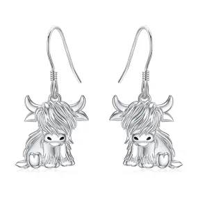 Highland Cow Dangle Earrings 925 Sterling Sliver Cow Drop Earrings Christmas gift for Women Girls