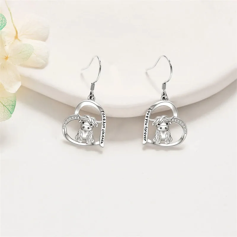 Highland Cow Dangle Earrings 925 Sterling Sliver Cow Drop Earrings Christmas gift for Women Girls