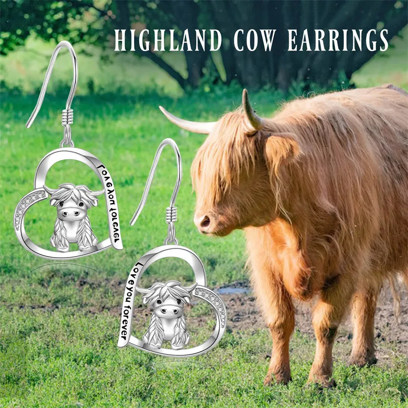 Highland Cow Dangle Earrings 925 Sterling Sliver Cow Drop Earrings Christmas gift for Women Girls