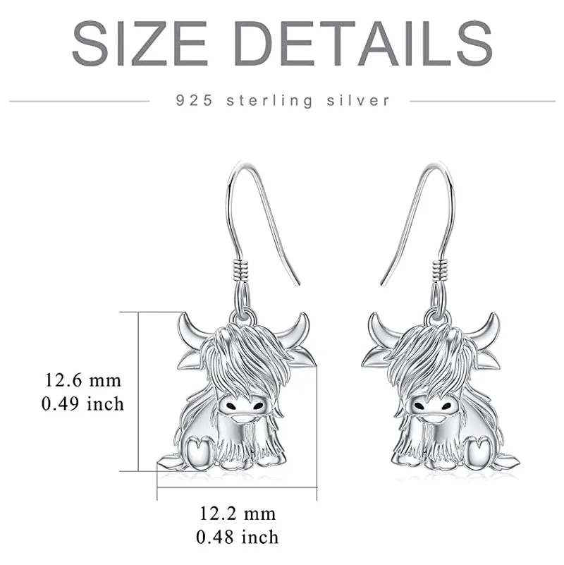 Highland Cow Dangle Earrings 925 Sterling Sliver Cow Drop Earrings Christmas gift for Women Girls