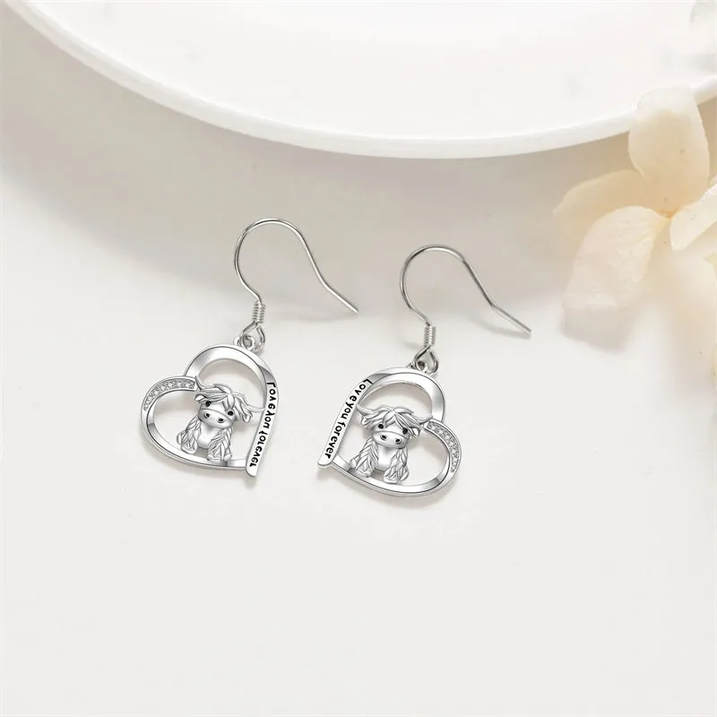 Highland Cow Dangle Earrings 925 Sterling Sliver Cow Drop Earrings Christmas gift for Women Girls