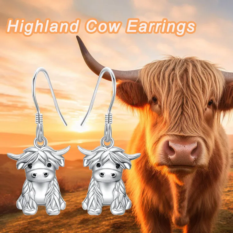 Highland Cow Dangle Earrings 925 Sterling Sliver Cow Drop Earrings Christmas gift for Women Girls