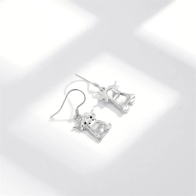 Highland Cow Dangle Earrings 925 Sterling Sliver Cow Drop Earrings Christmas gift for Women Girls