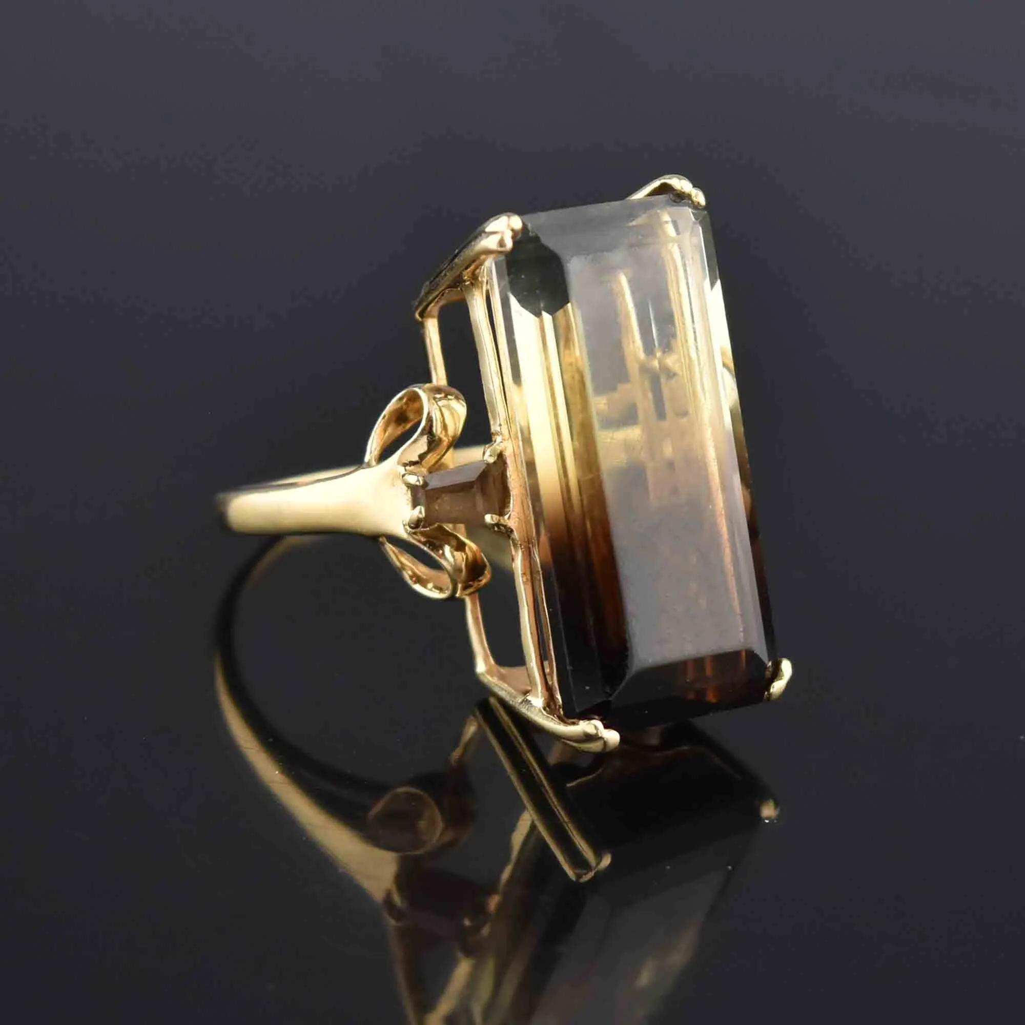 Huge 14K Gold 15 CTW Graduated Quartz Ring, Yellow to Brown