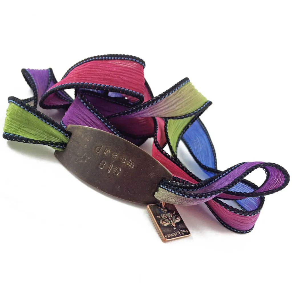 inner spirit // colourful boho brass tag and silk wrap bracelet