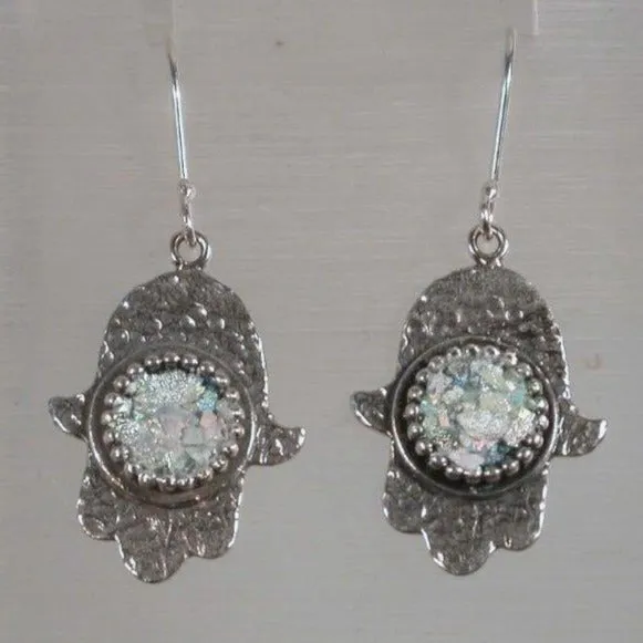 Israeli jewelry sterling silver roman glass  hamsa Earrings