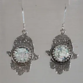 Israeli jewelry sterling silver roman glass  hamsa Earrings