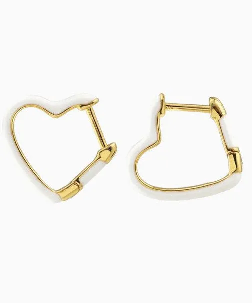 Kris Nations Open Heart Enamel Hinged Huggie Hoop Earrings - White