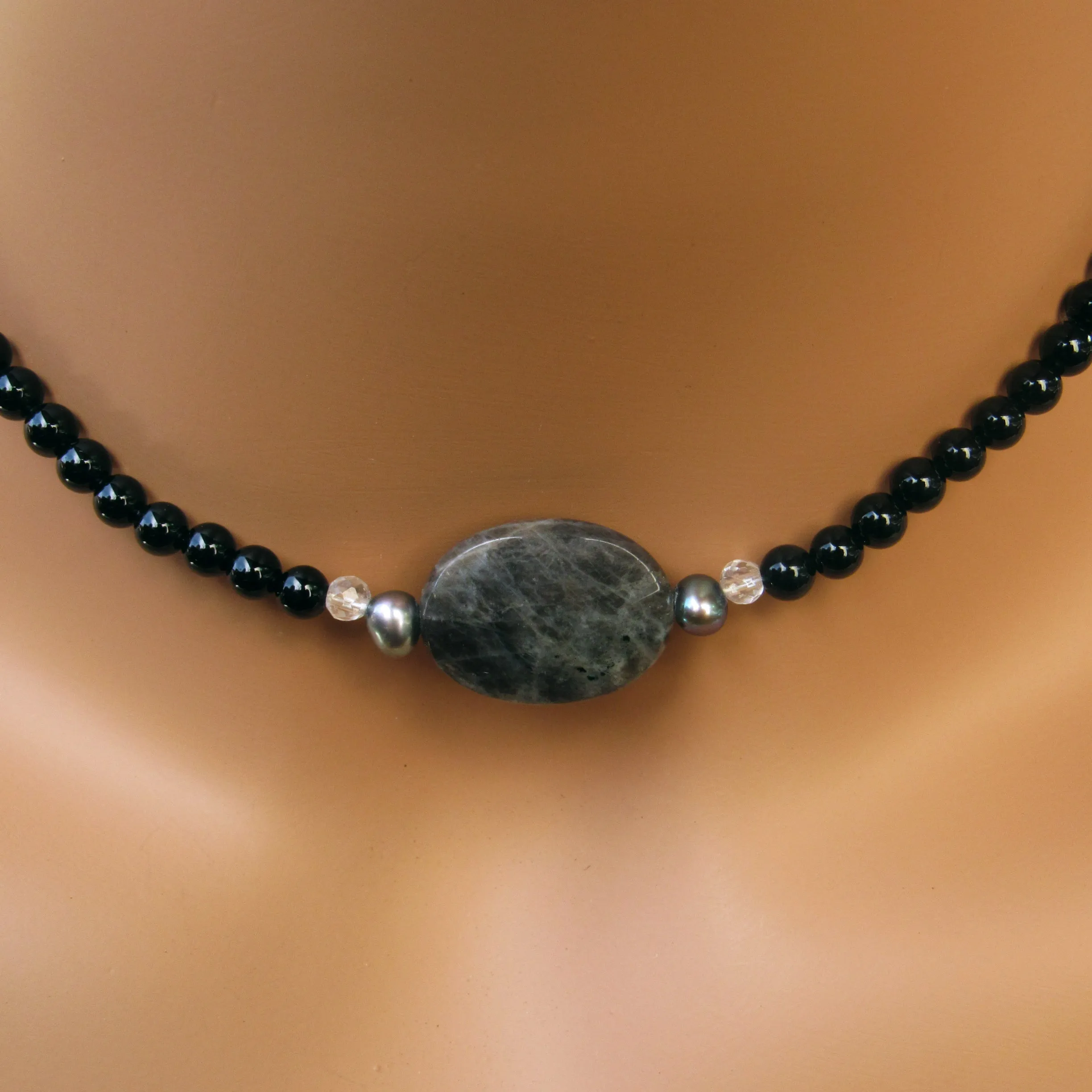 Labradorite, Clear Quartz, Onyx gemstone, Freshwater Pearl, Sterling Silver Choker Necklace