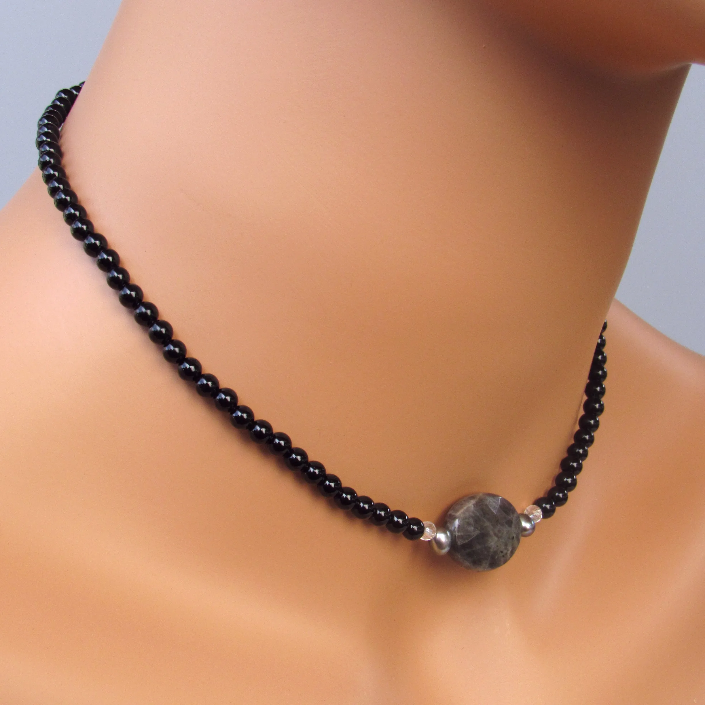 Labradorite, Clear Quartz, Onyx gemstone, Freshwater Pearl, Sterling Silver Choker Necklace