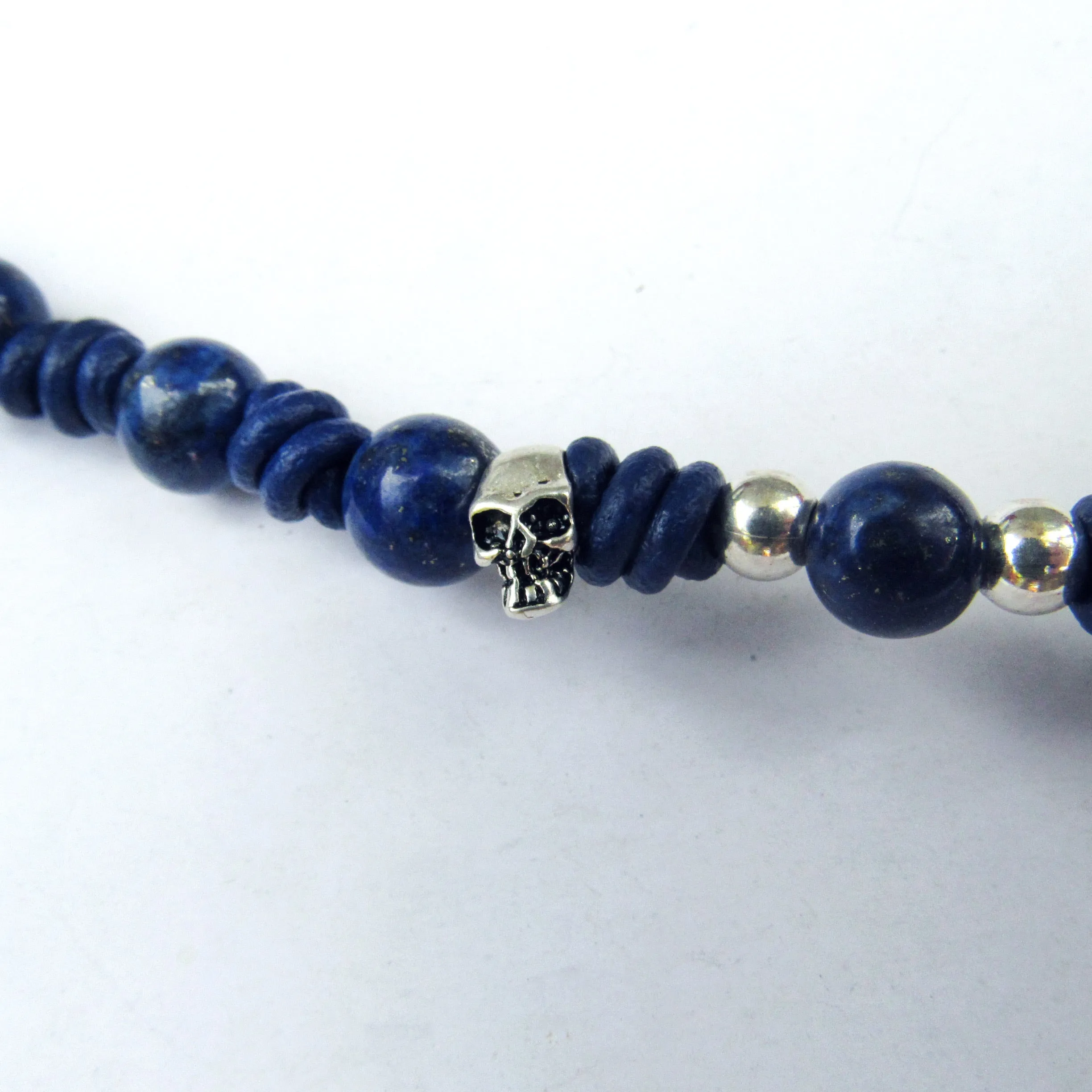 Lapis Lazuli and Sterling Silver Skulls Hand Knotted Sterling Silver Necklace