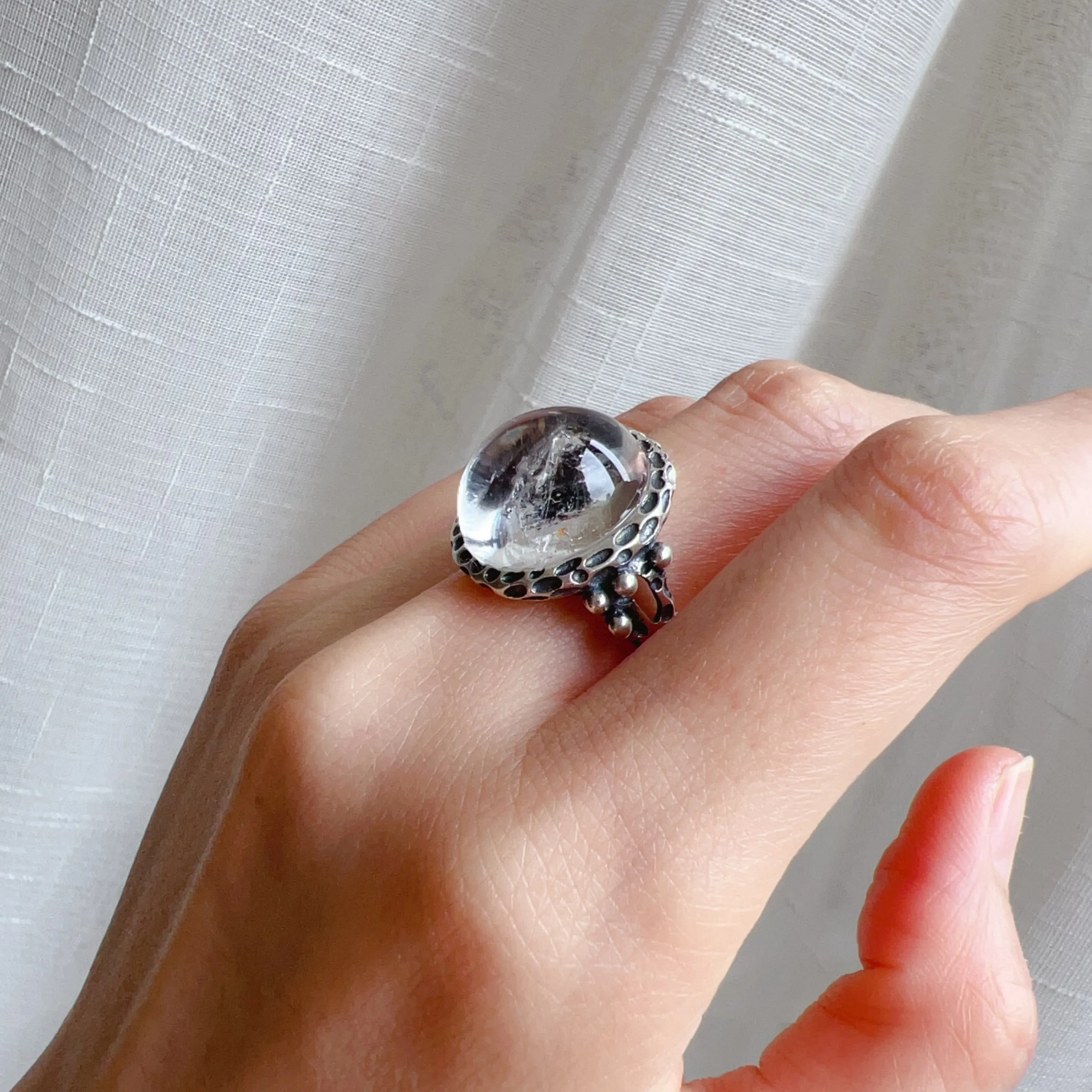 Large Black Sand Enhydro Crystal Quartz Ring | Handmade with 925 Sterling Silver Large Ring Size | One of A Kind Jewelry