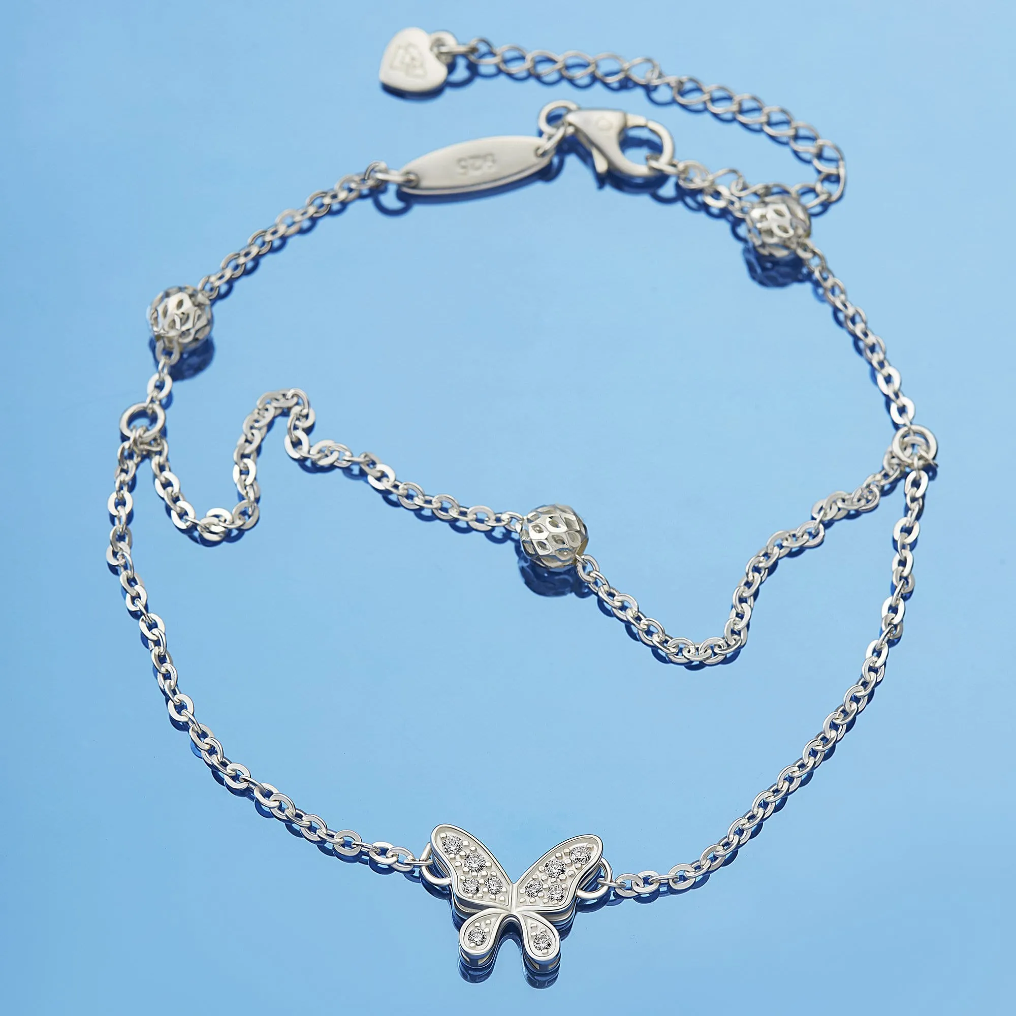 Layered CZ Butterfly Ankle Bracelet Sterling Silver