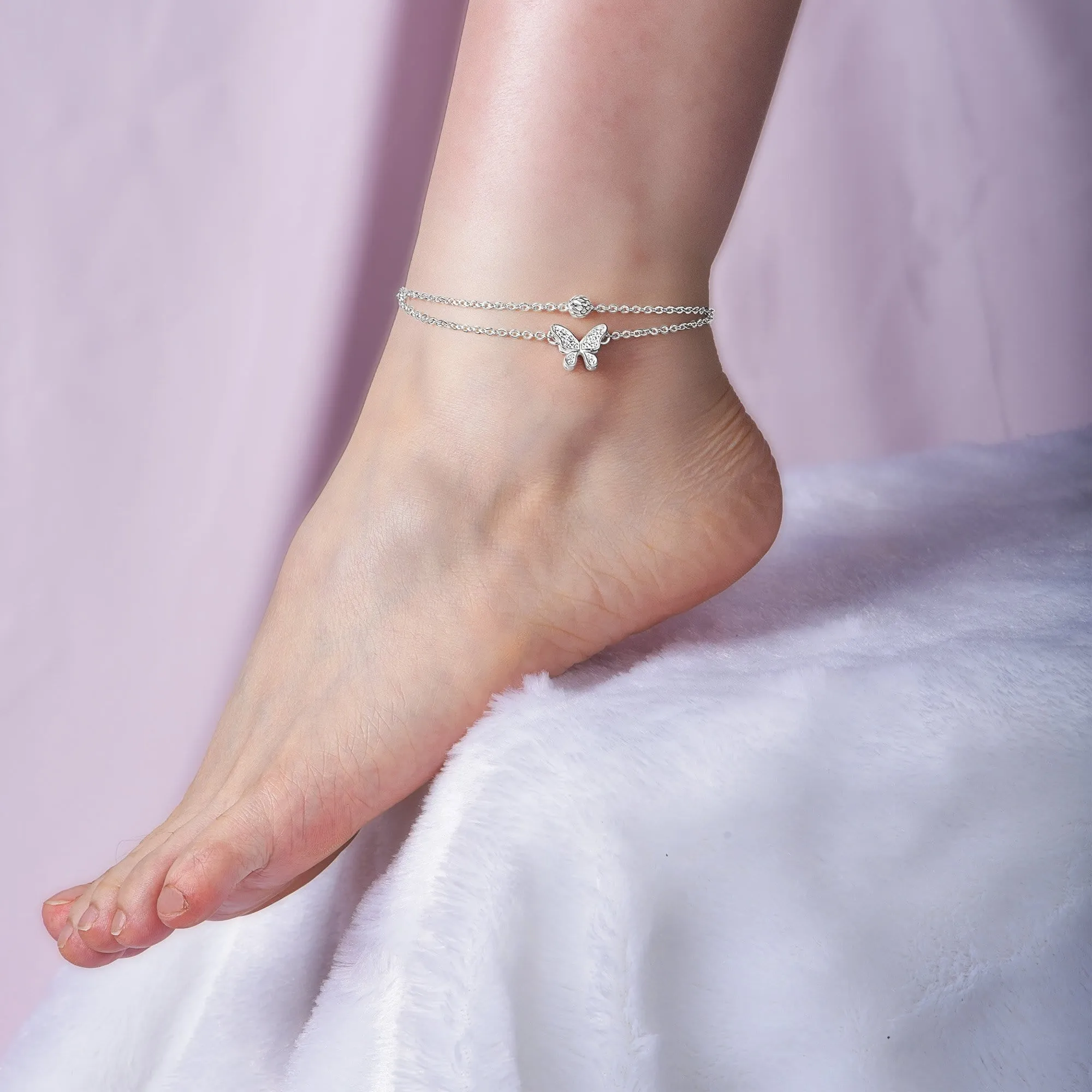 Layered CZ Butterfly Ankle Bracelet Sterling Silver