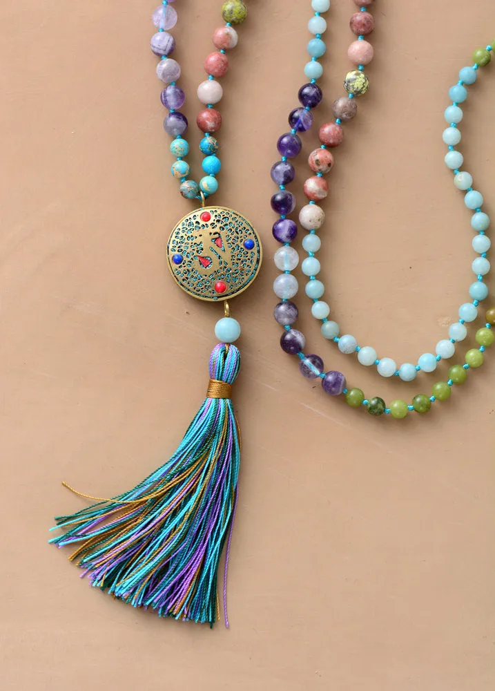 Long Colorful Mala with Tibetan Center Bead Tassel Necklace