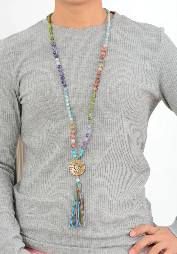 Long Colorful Mala with Tibetan Center Bead Tassel Necklace