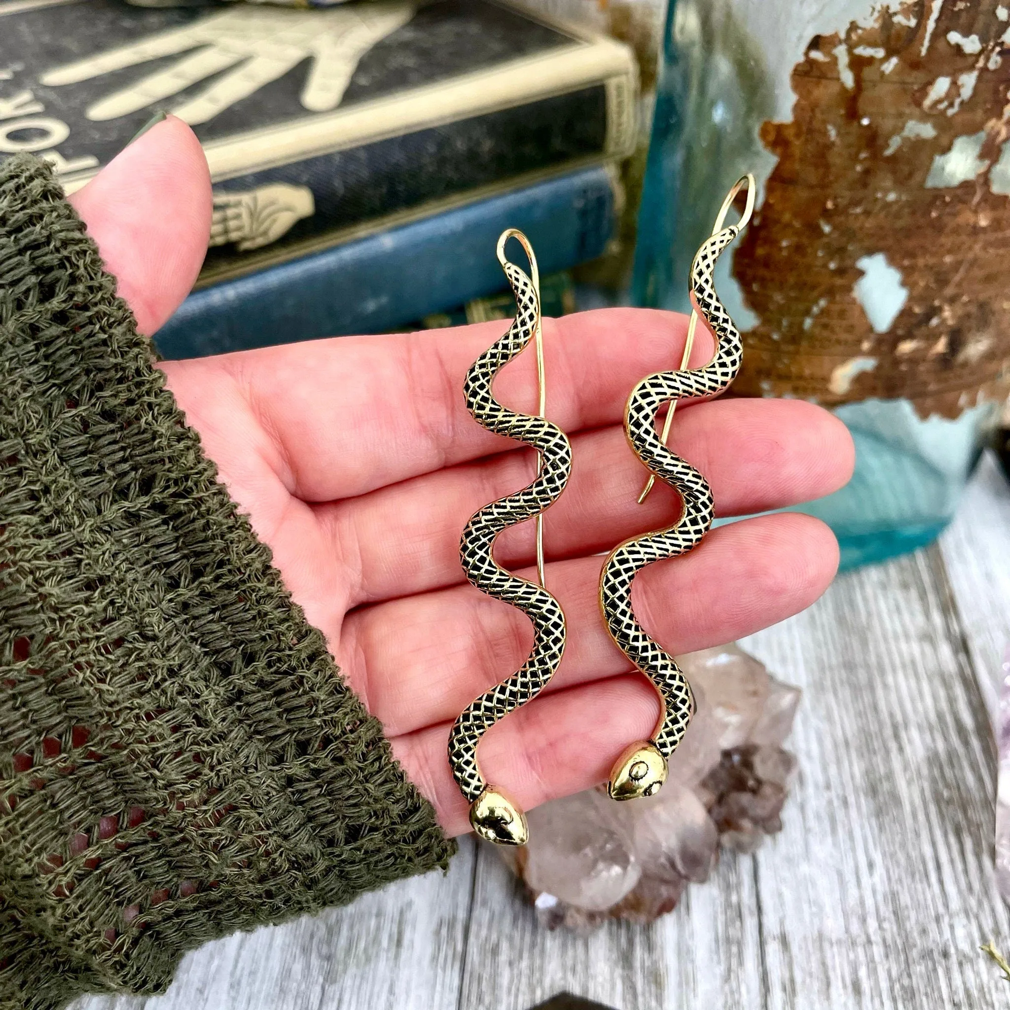 Long Large Brass Serpent / Snake Earrings