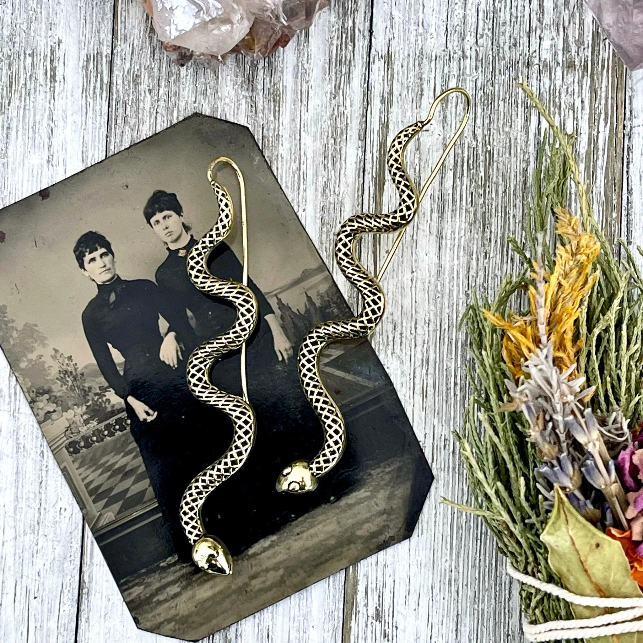 Long Large Brass Serpent / Snake Earrings