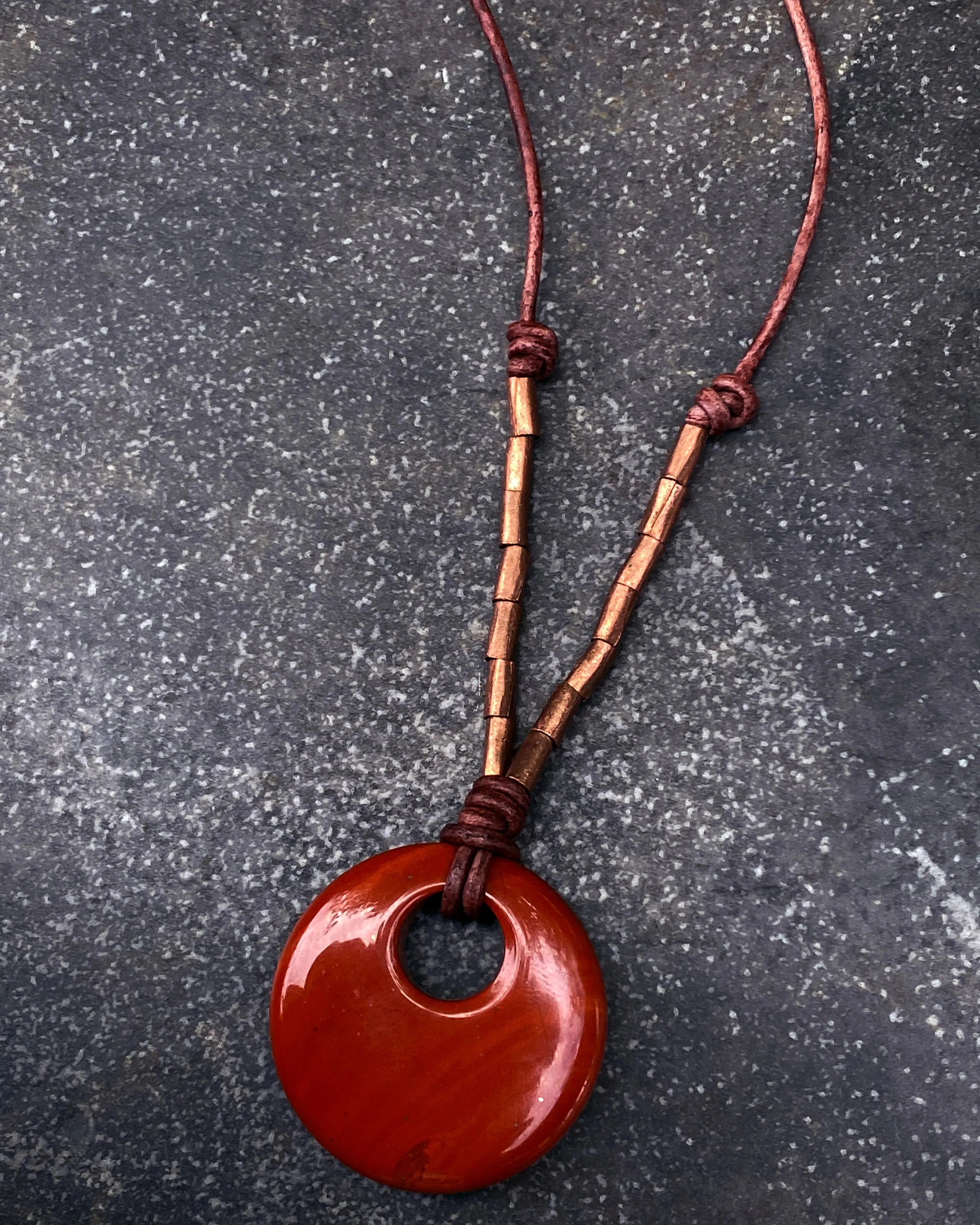 Long Red Jasper gemstone Leather Necklace