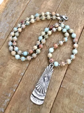 Long Stone Necklace, Stone Bohemian Jewelry, Silver Boho Necklace, Silver Pendant Necklace, Boho Jewelry