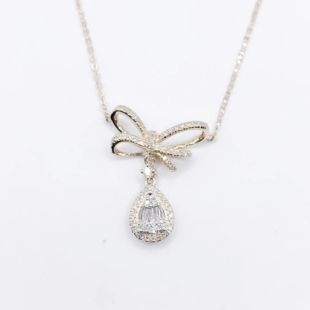 Luxury Bow Pear Diamond Drop Necklace 14K Gold