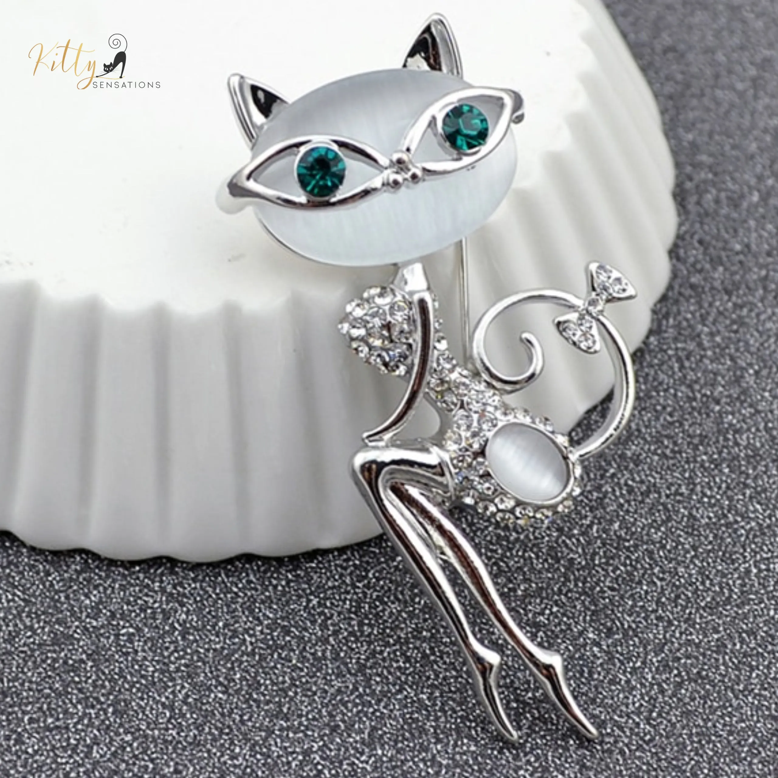 Miss Congeniality Cat Brooch/Lapel Pin in Natural Opal and CZ Crystals