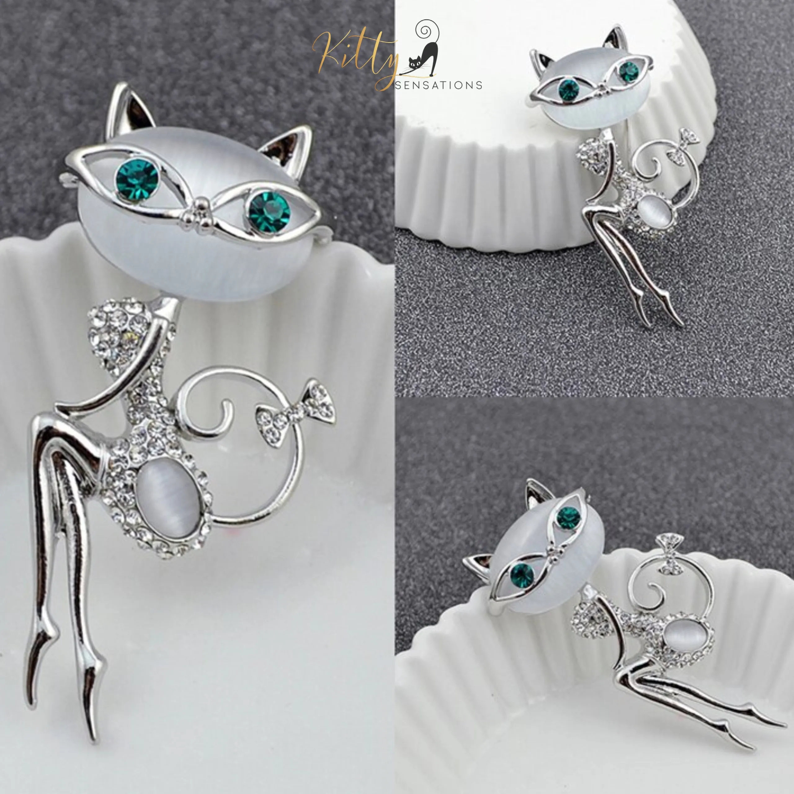 Miss Congeniality Cat Brooch/Lapel Pin in Natural Opal and CZ Crystals