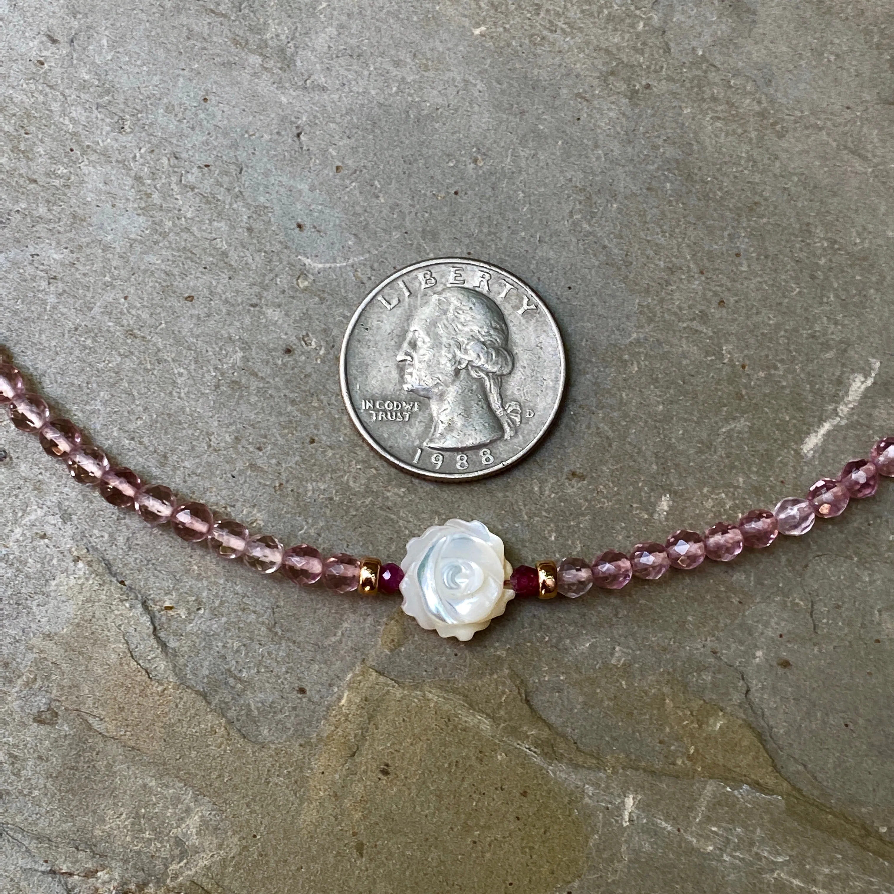 Mother of Pearl Rose Choker Necklace on Pink Amethyst & 14 kt Rose Gf