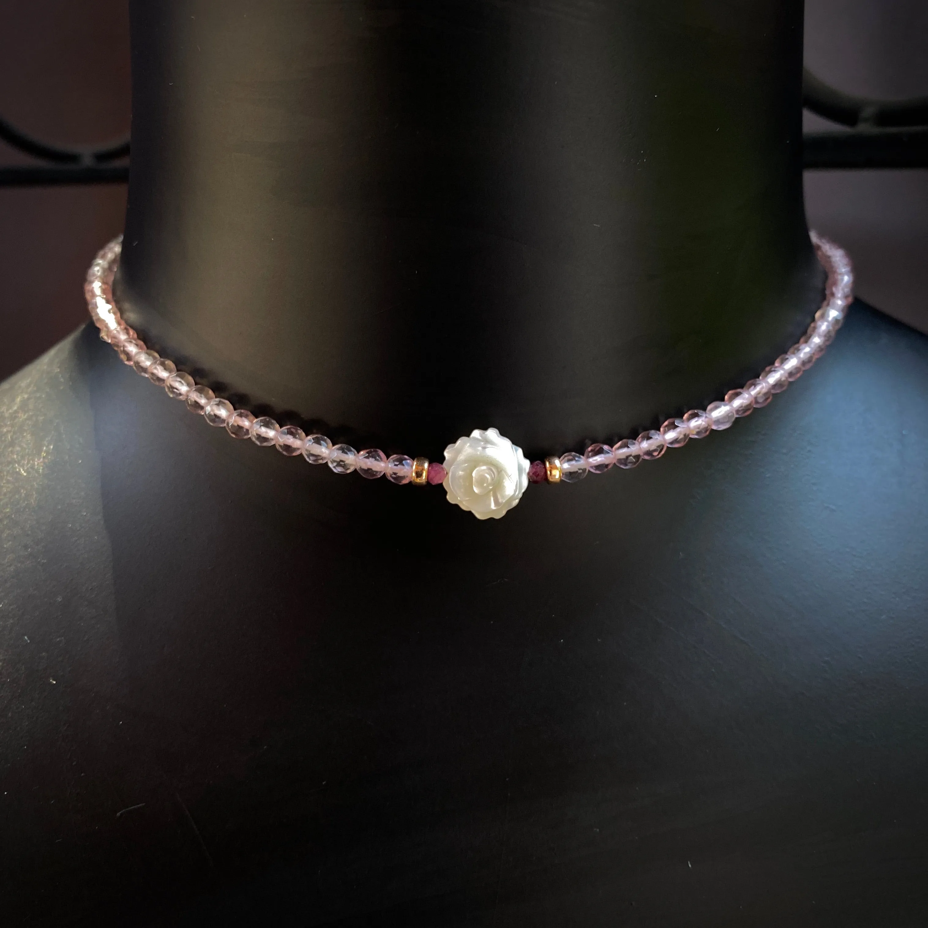 Mother of Pearl Rose Choker Necklace on Pink Amethyst & 14 kt Rose Gf