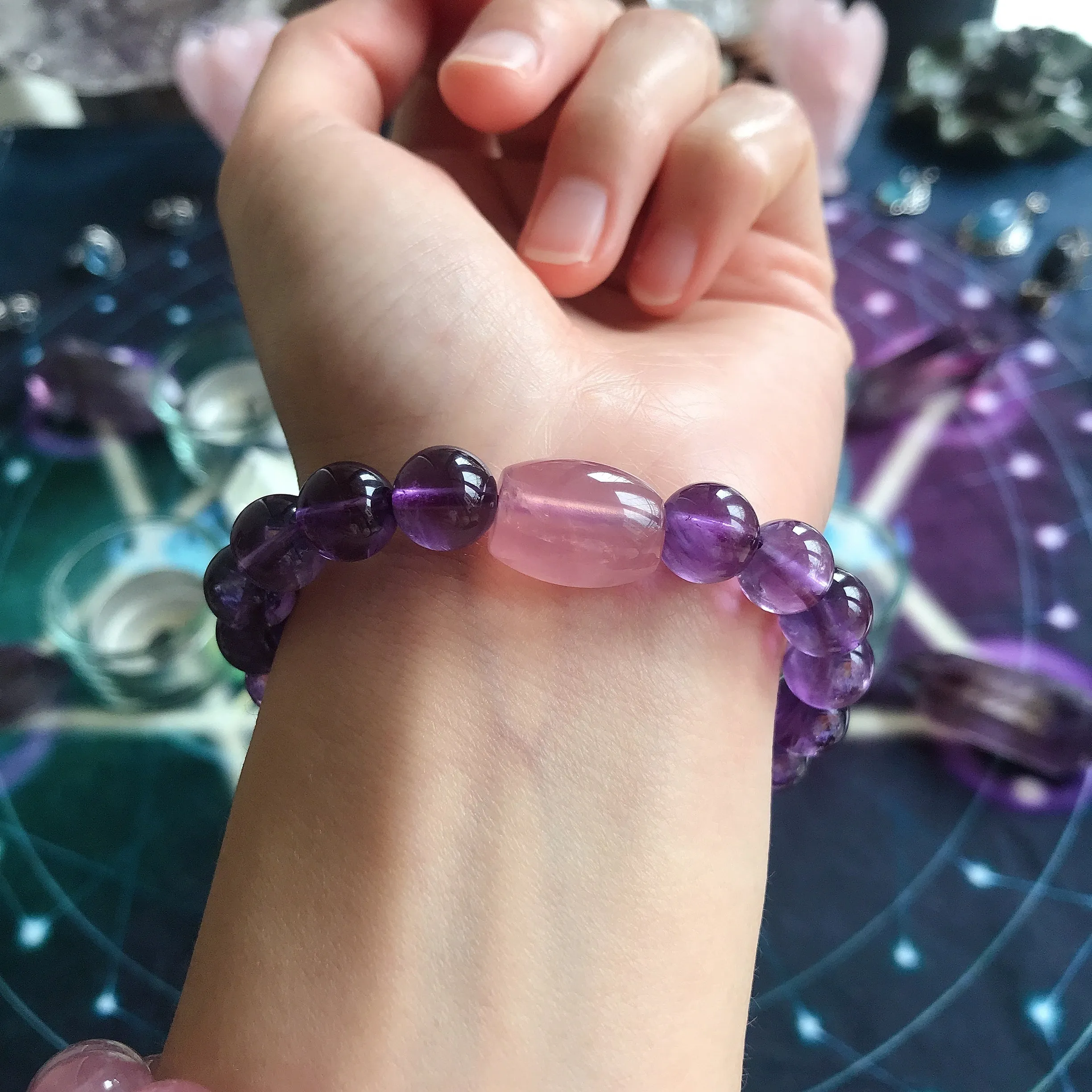 Natural Amethyst with Rose Quartz Mixed Healing Crystal Bracelet | Crown Third Eye Heart Chakra Reiki Healing