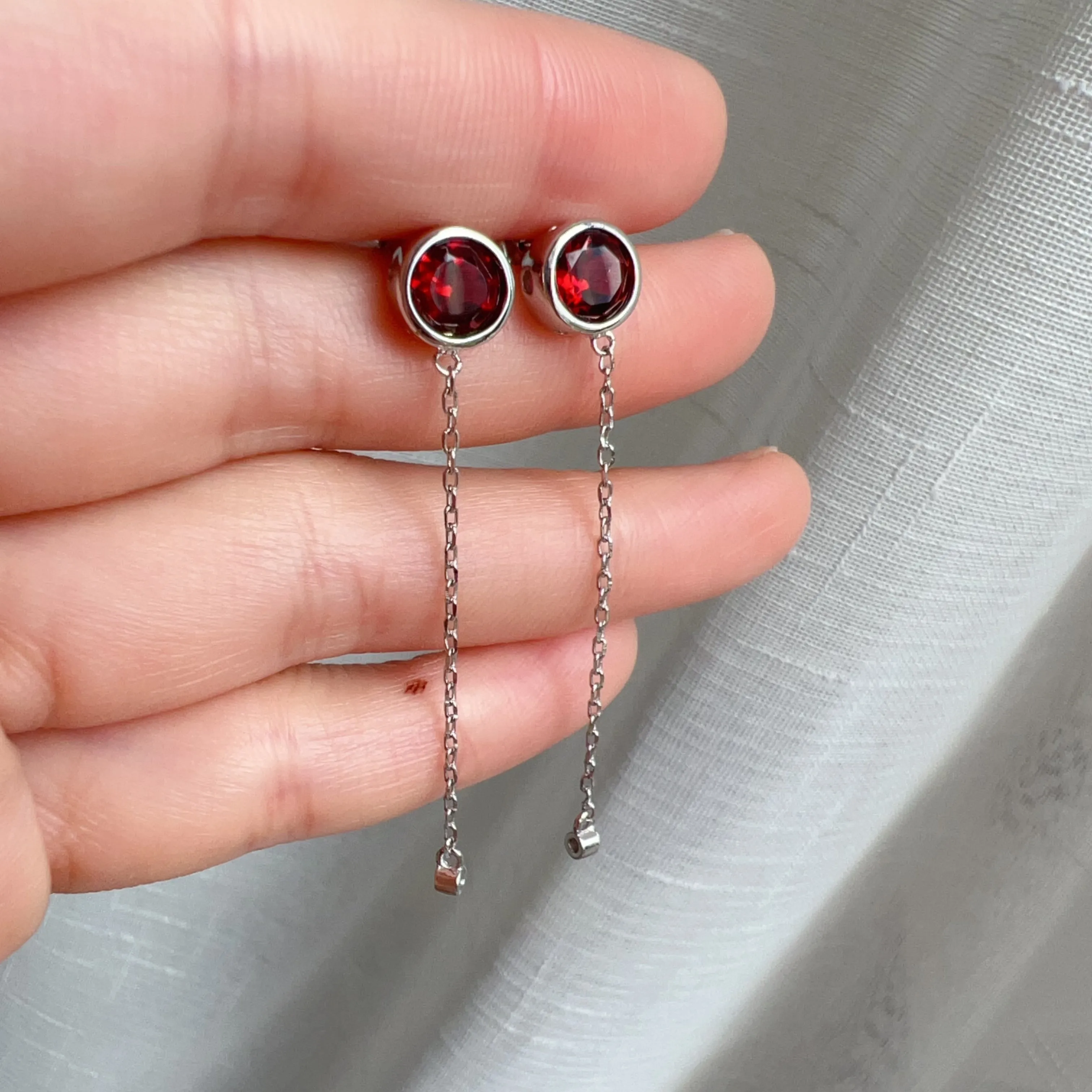 Natural Top-grade Round Cut Garnet Earring Drops Handmade with 925 Sterling Silver & CZ Stones | One of a Kind Fashion Jewelry