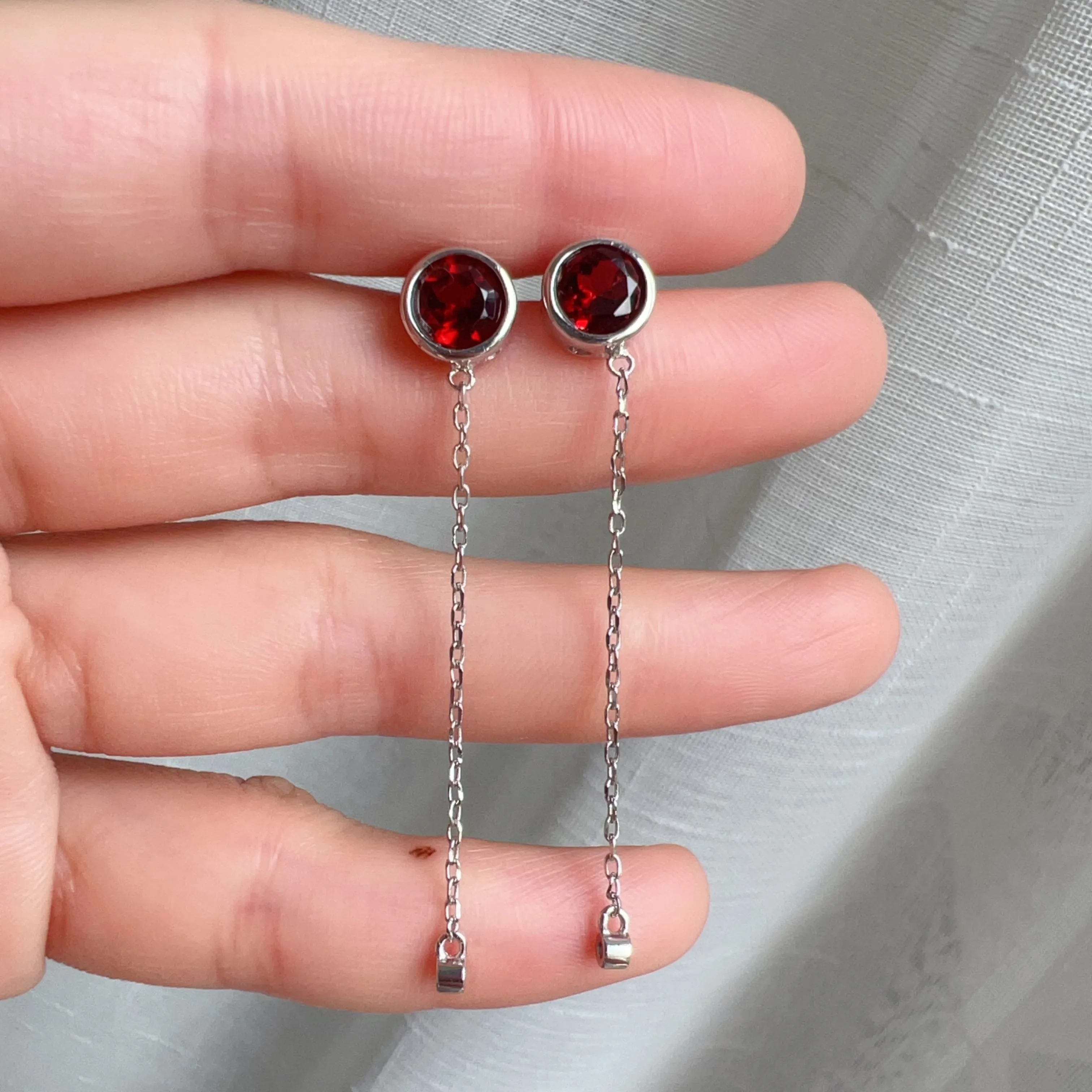 Natural Top-grade Round Cut Garnet Earring Drops Handmade with 925 Sterling Silver & CZ Stones | One of a Kind Fashion Jewelry