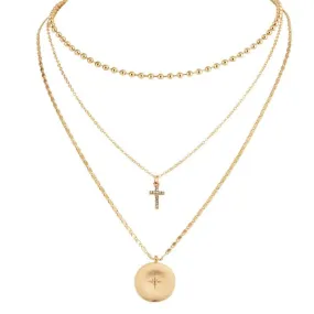 North Star and Cross on 3-Layer Golden Necklace