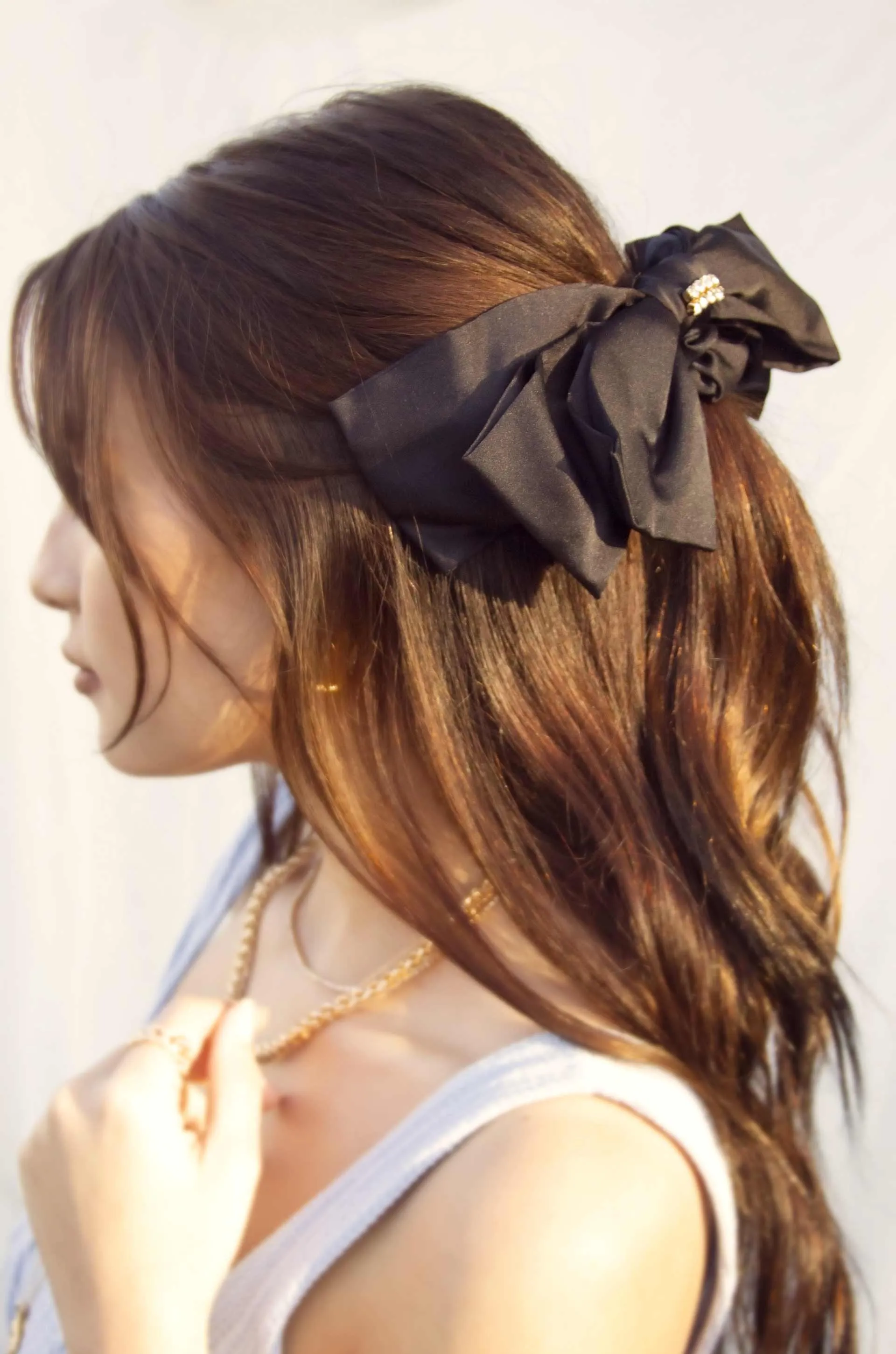 Oversized Bow Scrunchie with Crystal in Black