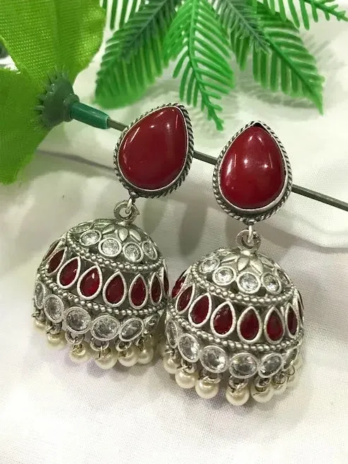 Oxidized Beautiful Jhumka Earrings With AD Stones