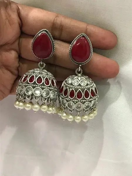 Oxidized Beautiful Jhumka Earrings With AD Stones